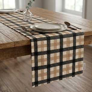 Dark Academia Black and Camel Plaid Tartan Short Table Runner