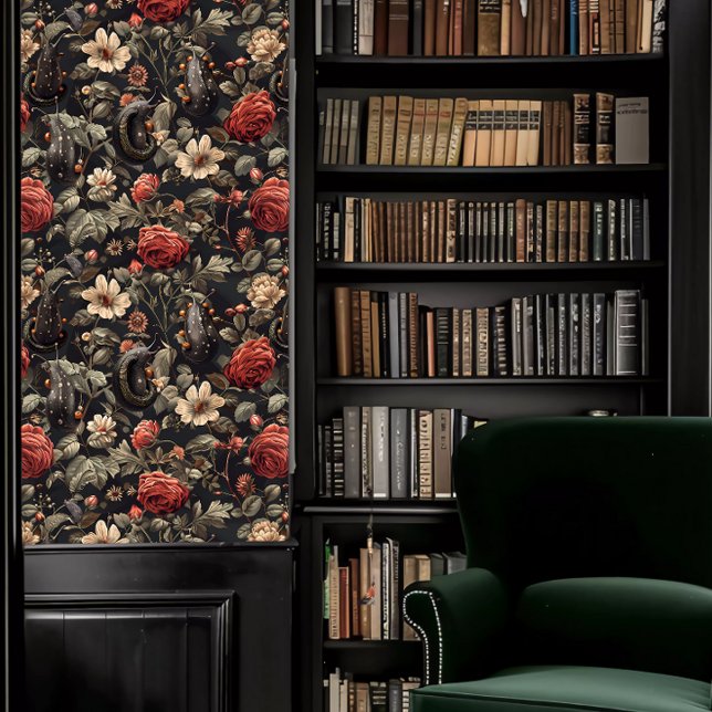 Dark Academia Black Slugs and Red & White Flowers Wallpaper (Dark Academia Black Slugs and Red & White Flowers Wallpaper in a library.)