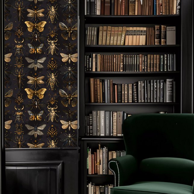 Dark Academia Brown and Gold Insect Stripes Wallpaper (Dark Academia Brown and Gold Insect Stripes Wallpaper in a library.)