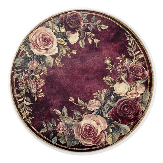 Dark Academia Burgundy Rose Ceramic Knob (Front)