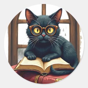 Dark Academia Cat Book Lover Reading Glasses Vinta Classic Round Sticker