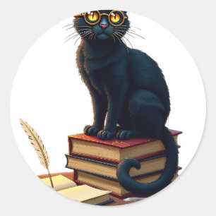 Dark Academia Cat Book Lover Vintage Illustration Classic Round Sticker