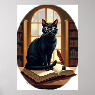 Dark Academia Cat Bookworm Reader Glasses Leather  Poster