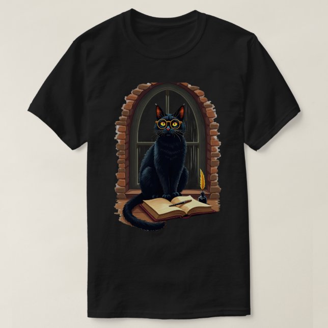 Dark Academia Cat Reader Bookworm Library Sticker T-Shirt (Design Front)