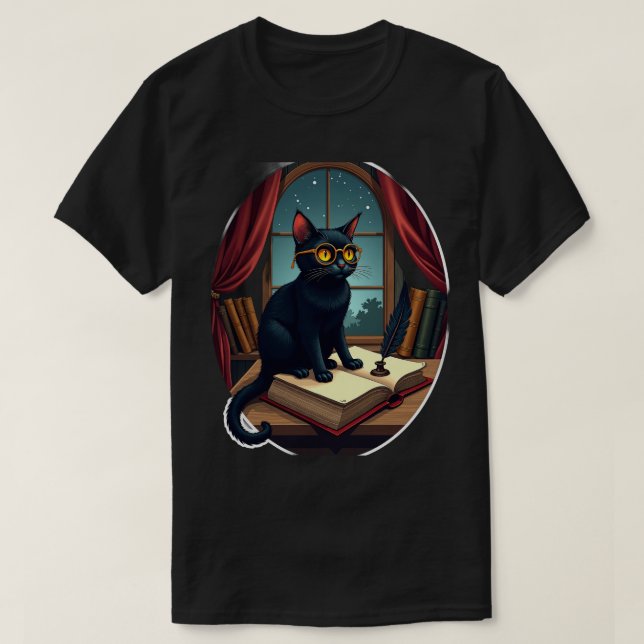Dark Academia Cat Reader Bookworm T-Shirt (Design Front)