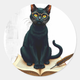 Dark Academia Cat Reading Glasses Leather Book Qui Classic Round Sticker