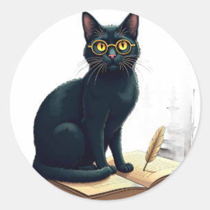 Dark Academia Cat Reading Glasses Vintage Library Classic Round Sticker