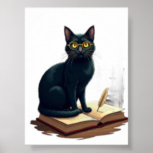 Dark Academia Cat Reading Glasses Vintage Library  Poster