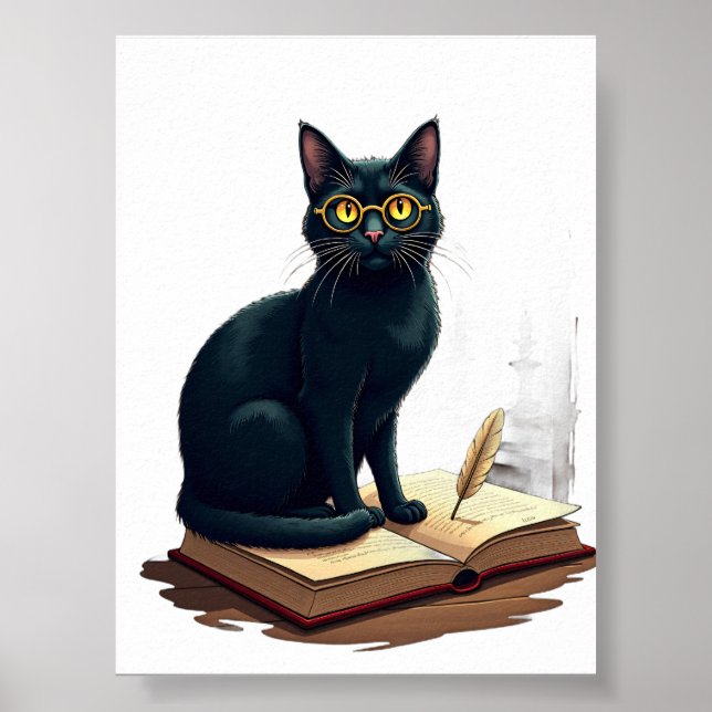 Dark Academia Cat Reading Glasses Vintage Library  Poster (Front)