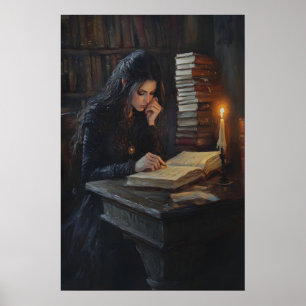 Dark Academia Girl Reading Art Gothic Library Poster