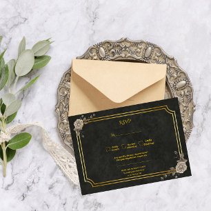 Dark Academia Gothic Black Gold Elegant Wedding RSVP Card