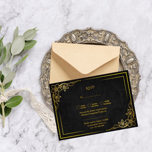 Dark Academia Gothic Black Gold Elegant Wedding RSVP Card (Creator Uploaded)