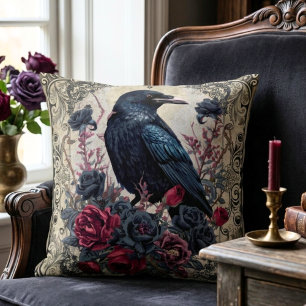 Dark Academia Gothic Raven Moody Floral Cushion