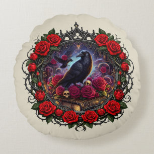Dark Academia Gothic Raven Rose Wreath  Round Cushion