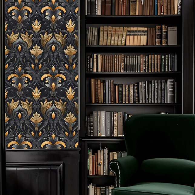 Dark Academia Grey and Gold Moody Decorative Wallpaper (Dark Academia Gray and Gold Moody Decorative Wallpaper in a library.)
