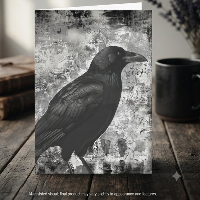 Dark Academia Greyscale Distressed Raven Art Card (Moody greyscale grunge raven note card for dark academia scholars and gothic correspondence.)
