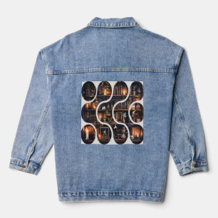 Dark Academia Magical Bookshelf Vintage Design Denim Jacket