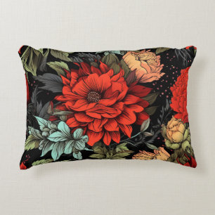 Dark Academia Maximalist Red Dahlia Floral  Decorative Cushion