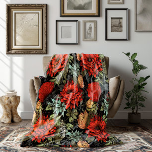 Dark Academia Maximalist Red Dahlia Floral Fleece Blanket