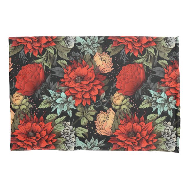 Dark Academia Maximalist Red Dahlia Floral  Pillowcase (Front)