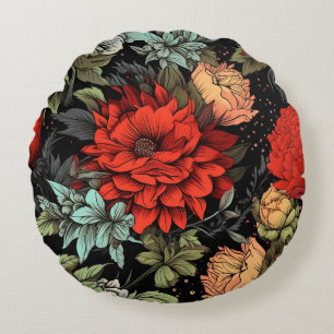 Dark Academia Maximalist Red Dahlia Floral Round Cushion