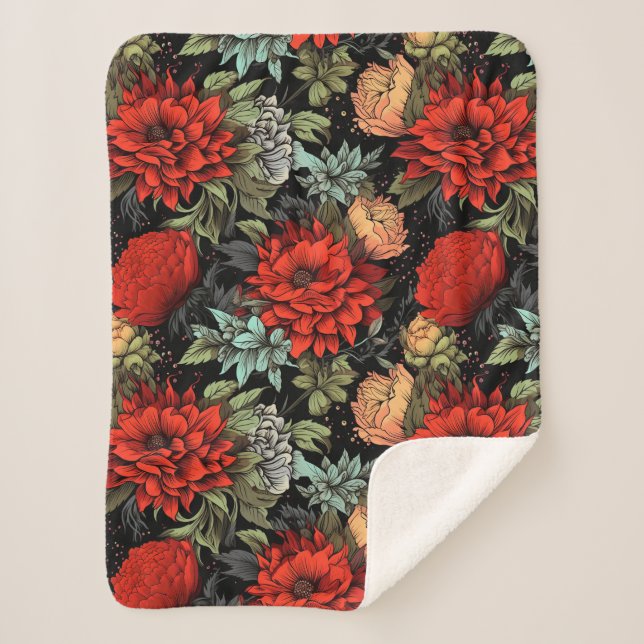 Dark Academia Maximalist Red Dahlia Sherpa Blanket (Front)
