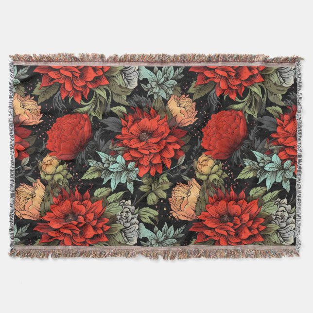 Dark Academia Maximalist Red Dahlia Throw Blanket (Front)