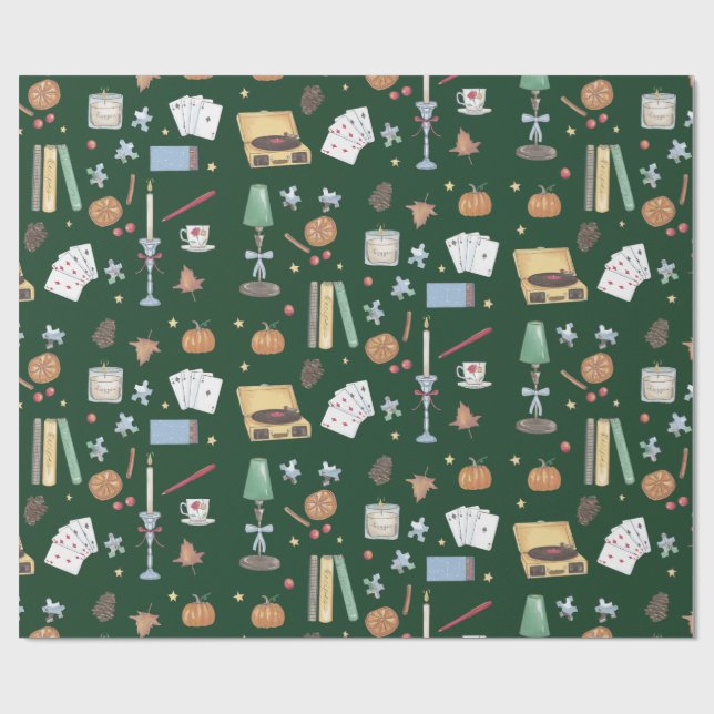 Dark Academia Moody Autumn Green Wrapping Paper (Flat)