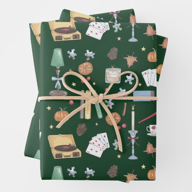 Dark Academia Moody Autumn Green Wrapping Paper Sheet (In situ)