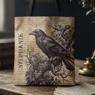 Dark Academia Moody Sepia Manuscript Raven Tote Bag