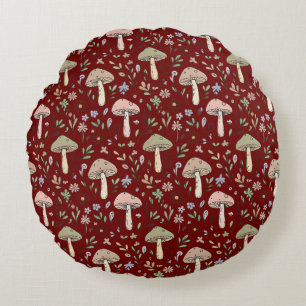 Dark Academia Plum Red Fungi Seamless Luxury Round Cushion