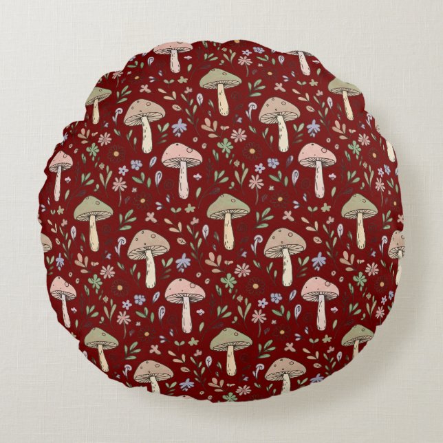 Dark Academia Plum Red Fungi Seamless Luxury Round Cushion (Front)