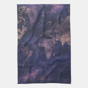 Dark Academia Purple Celestial World Map Tea Towel