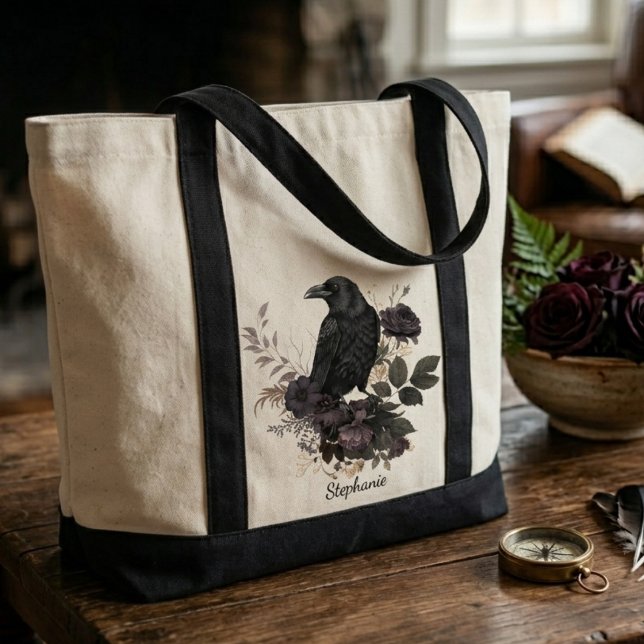 Dark Academia Raven and Black Roses Tote Bag (A stylish raven and roses tote bag for a student heading to class or a cafe.)