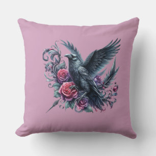 Dark Academia Raven and Red Roses Gothic Floral  Cushion