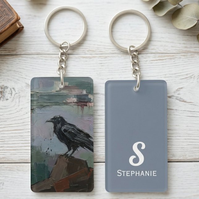 Dark Academia Raven Crow Gothic Style Key Ring (Moody gothic raven art keychain for the dark academia fan — a unique birthday gift for bird lovers.)