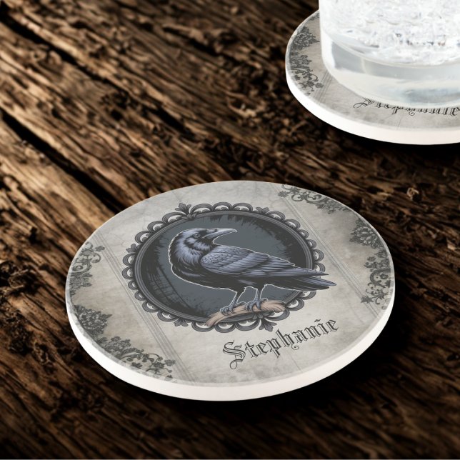 Dark Academia Raven Crow Vintage Style Coaster (Vintage gothic raven coaster for the dark academia book lover — perfect housewarming gift idea.)