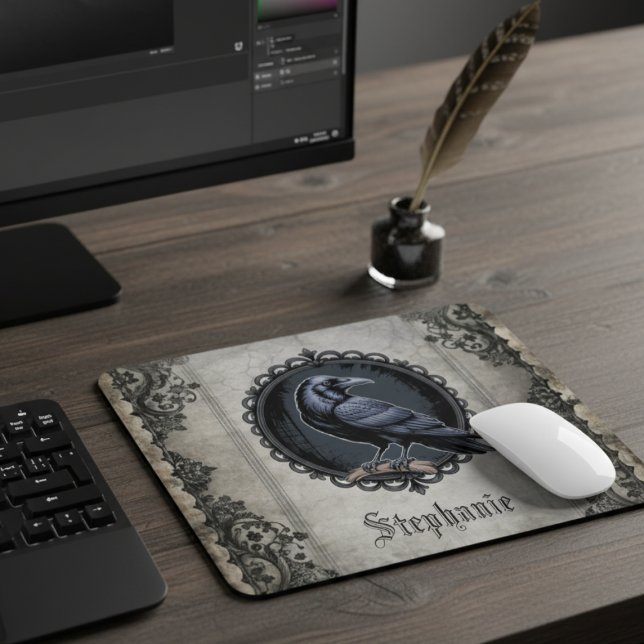 Dark Academia Raven Crow Vintage Style Mouse Mat (Vintage gothic raven desk accessory for the dark academia fan — perfect holiday gift idea.)