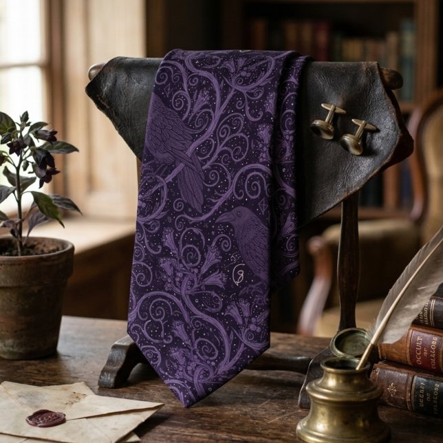 Dark Academia Raven Floral Bird Lover Gift Tie (Whimsigoth raven purple necktie)
