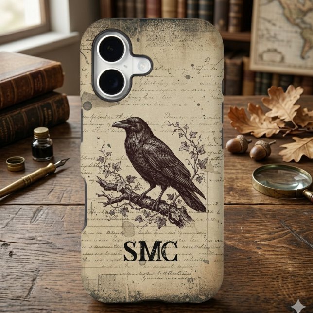 Dark Academia Raven Gift Vintage Script Botanical (Dark academia raven phone case)