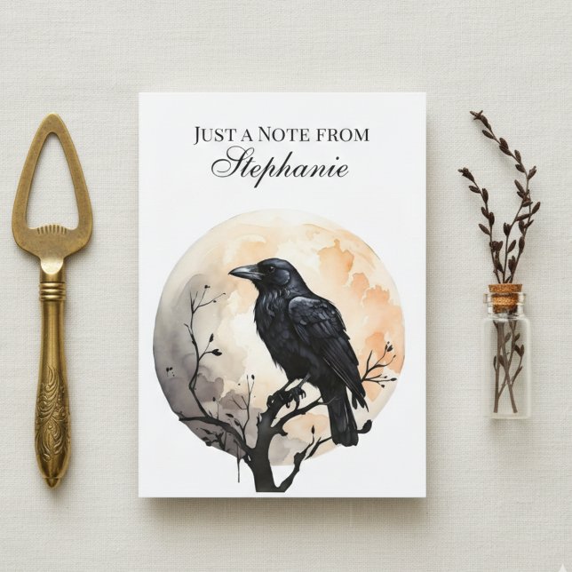 Dark Academia Raven Watercolor Thank You Card (Personalized raven moon note card)