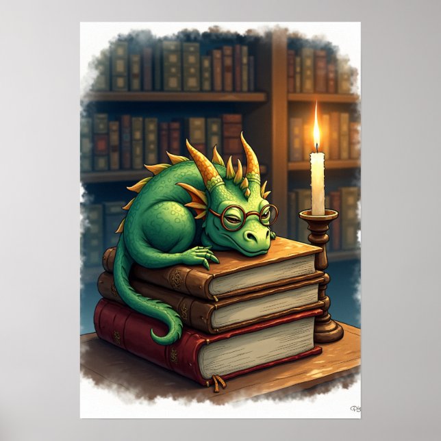 Dark Academia Reading Dragon Sticker Bookworm Slee Poster (Front)