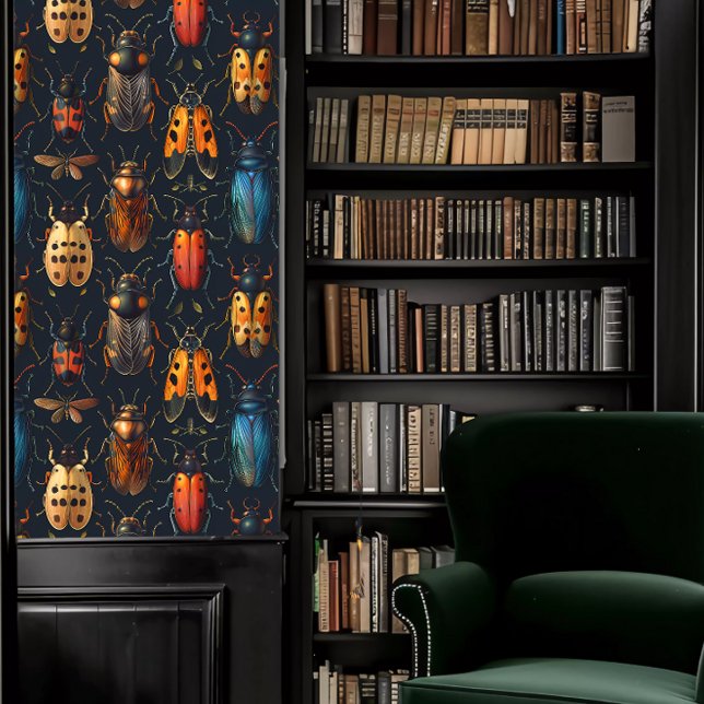 Dark Academia Red, Blue, & Orange Insects Wallpaper (Dark Academia Red, Blue, & Orange Insects Wallpaper in a library.)