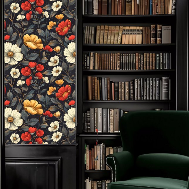 Dark Academia Red, Yellow, & White Floral Wallpaper (Dark Academia Red, Yellow, & White Floral Wallpaper in a library.)