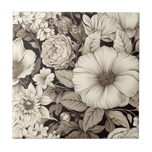 Dark Academia Sepia Floral Botanical Tile (Front)