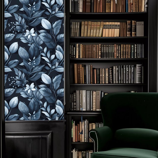 Dark Academia Silvery-Blue Leaves Wallpaper (Dark Academia Silvery-Blue Leaves Wallpaper in a library.)