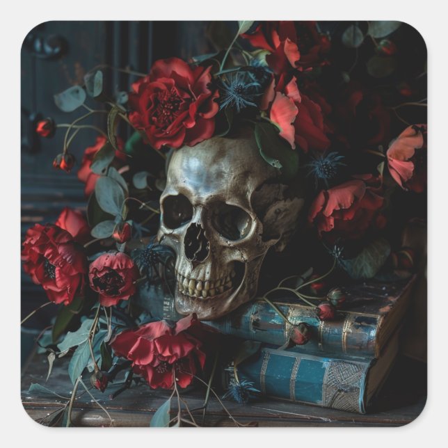 Dark Academia Skull Flowers  Square Sticker (Front)