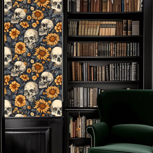 Dark Academia Skulls with Yellow Flowers Wallpaper (Dark Academia Skulls with Yellow Flowers Wallpaper in a library.)