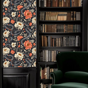 Dark Academia Snakes & Red and White Flowers Wallpaper