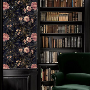 Dark Academia Spider Webs with Pink Flowers Wallpaper